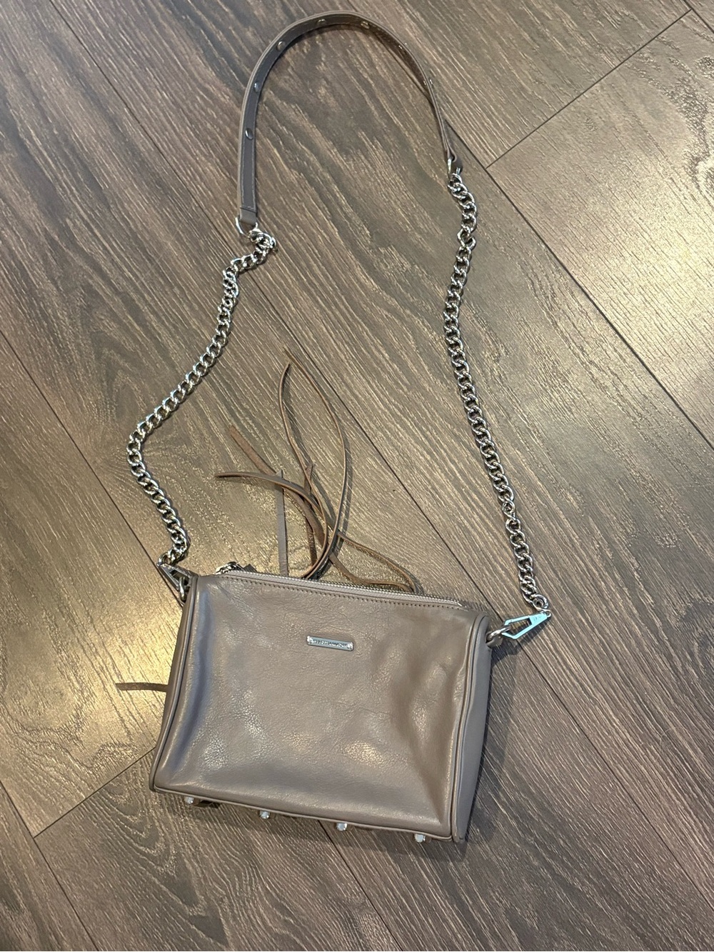 Rebecca Minkoff Grey Leather Crossbody w/ chain Silver Accents. 6.5”x 8.5”